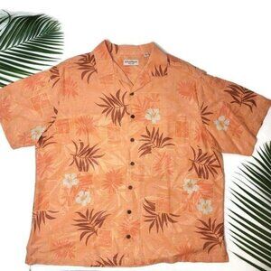 Caribbean silk Hawaiian orange tropical vacation collared shirt beach floral